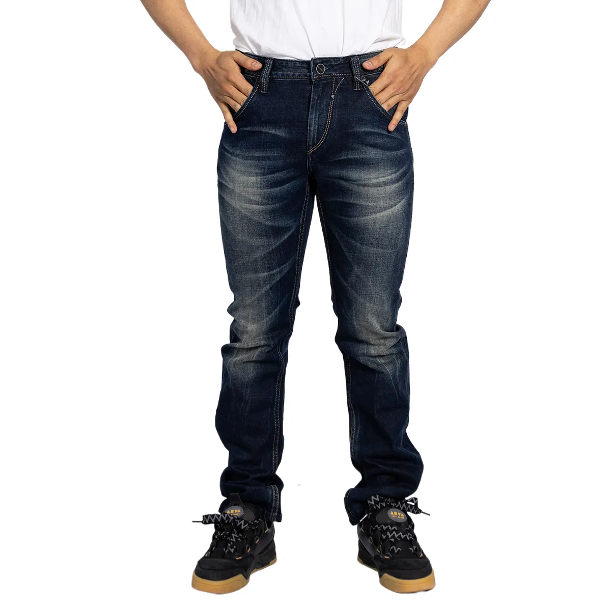 Efeito bigode azul Calça jeans reta para homens slim fit calças dos homens