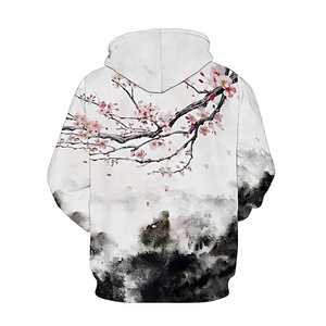 Sweat-shirt à capuche imprimé paysage brumeux avec branche fleurie artistique pour un usage décontracté - Product Image 3