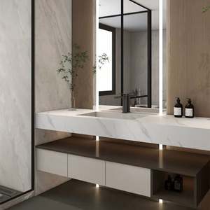 Meubles de salle de bain avec comptoir en marbre mat, design moderne en bois, vasque simple avec miroir - Product Image 2