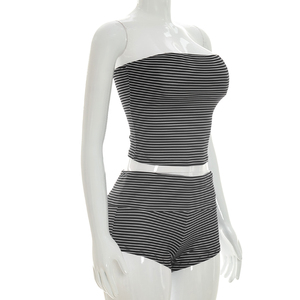 Viviblook D26ST116 Women Summer <b>Set</b> Sexy Striped Strapless Sleeveless Crop Top High Waisted Folded Waist Shorts Two Pieces <b>Set</b> - Product Image 3