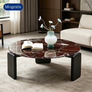 Elegant Modern Living Room Coffee Table Round Natural Marble <b>Top</b> with Wide <b>Solid</b> <b>Wood</b> Leg Center Tea Table - Product Image 3