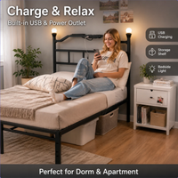 Mattschwarzes Metall-Plattformbettgestell in Doppelbettgröße mit LED-Beleuchtung und USB-Ladeanschlüssen für Schlafzimmer und Zuhause