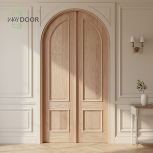 Puerta Exterior de Madera Curvada de Estilo Francés con Líneas Decorativas, Acabado <span class=keywords><strong>en</strong></span> <span class=keywords><strong>Caoba</strong></span> y Roble, Puerta Principal de Madera Maciza Doble con Arco Redondo - Product Image 1