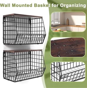 Panier métallique de rangement empilable moyen pour fruits et oignons avec couvercle en bois, étagère murale à plusieurs niveaux pour organisateurs de cuisine - Product Image 3