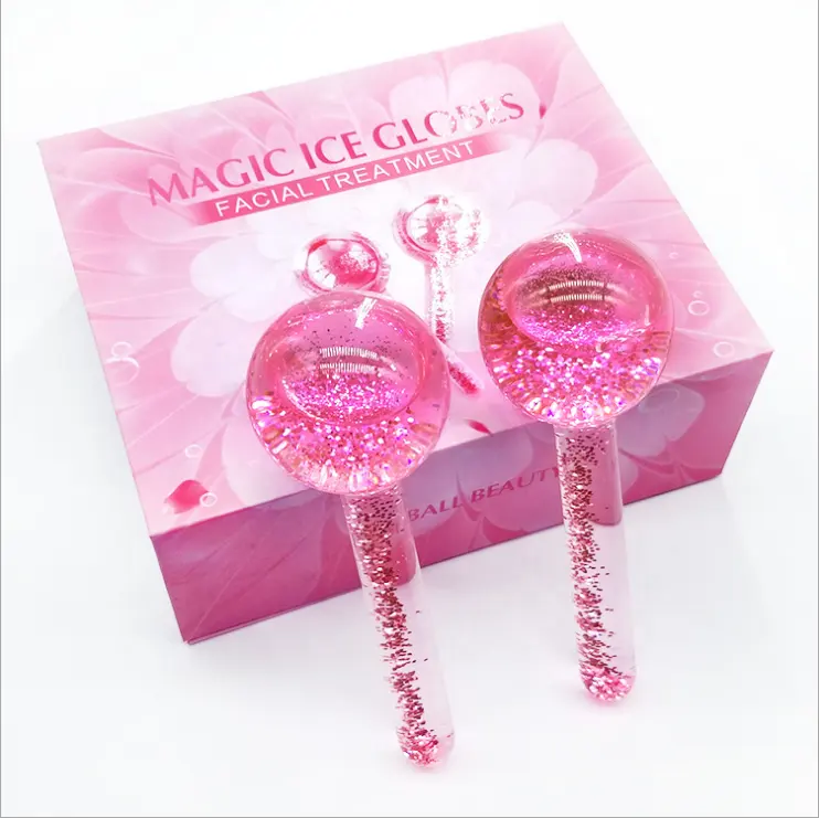 Private Label Beauty Equipment Eye Face Massage Ice Globes Magic Cooling Facial Blue Pink Glitter Ice Cryo Ball