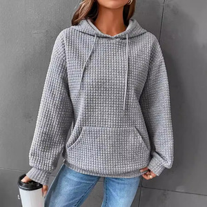 Sudadera con capucha tipo waffle para mujer 2026, con cordón ajustable, manga larga, color liso, antiencogimiento y bolsillo canguro - Product Image 4