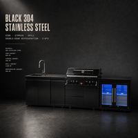 Îlot de cuisine extérieur avec barbecue au charbon de bois, réfrigérateur extérieur, évier et armoire en acier inoxydable noir, barbecue modulaire