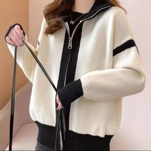 Cárdigan de mujer de nuevo diseño al por mayor cárdigan de Otoño/Invierno personalizado a la moda con estampado de bloques de color y cremallera a rayas - Product Image 4