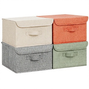 Modern Rectangular Fabric Storage Box <b>Bins</b> Flip-Top Lid Collapsible Stackable 3 Handles for Clothes - Product Image 1