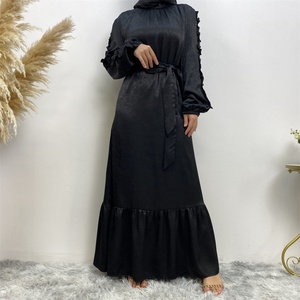 6582# Elegant Satin Crew Neck a Line Dress Long Sleeve Elasticated Cuff Back Split Button Neck Summer Women Dresses 9 Colors - Product Image 4