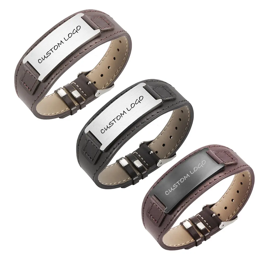 Energinox Adjustable Engraveable Stainless Steel Custom Genuine Mens Leather Bracelet