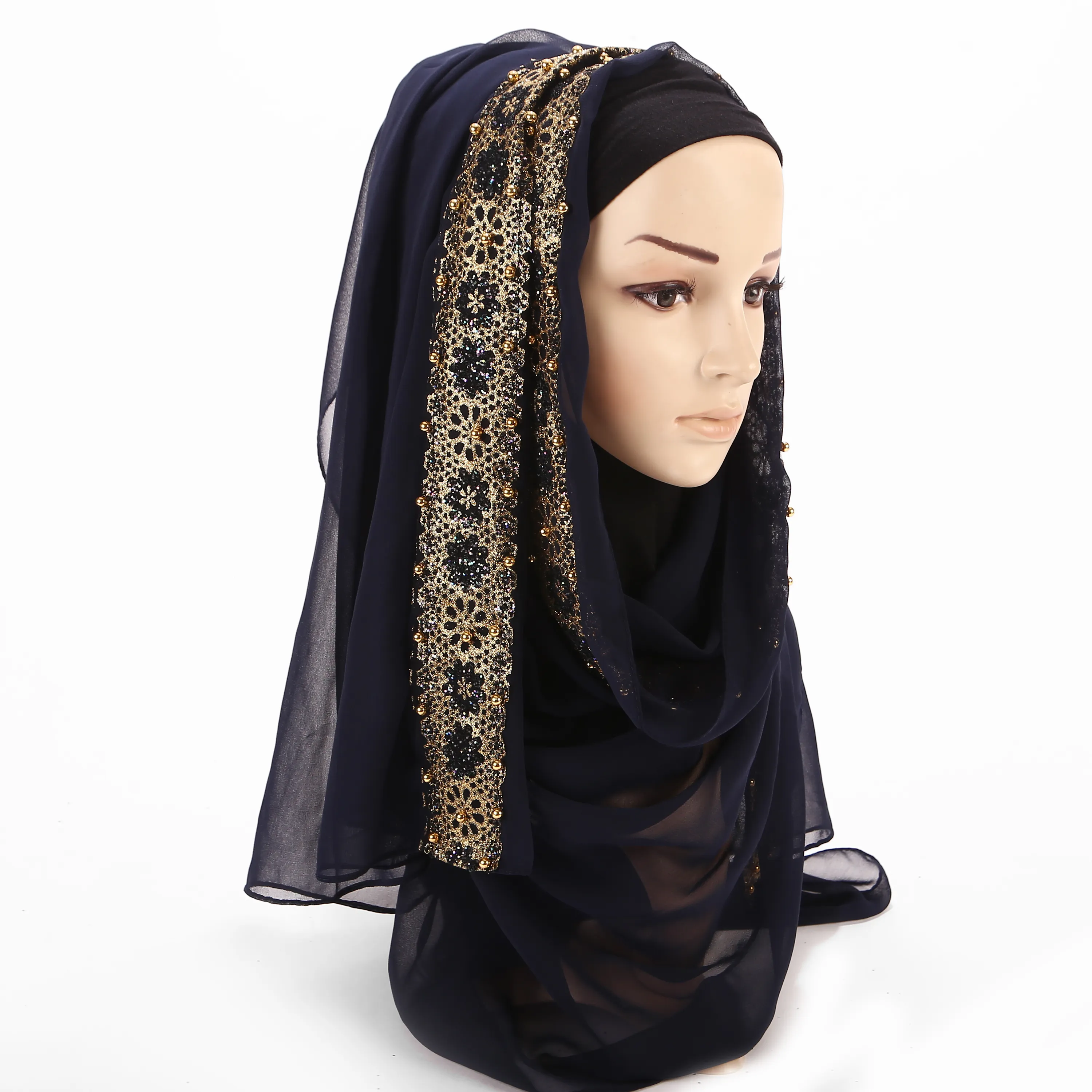 Hijab musulman avec perles et bords en dentelle, broderie en mousseline de soie, châles islamiques, foulard de fête arabe musulmane, Tudung Bawal