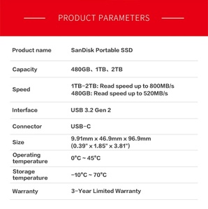 Sandisk E30 SSD portable SDSSDE30-1T00-Z26 jusqu'à 800 Mo/s USB-C USB 3.2 Gen 2 480 Go 1 To 2 To Disque SSD externe pour PC - Product Image 6