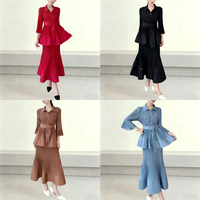 Ensemble deux pièces plissé lavande, chemisier à manches ballon et jupe midi taille haute à volants, tenue décontractée et modeste pour femme, vente en gros OEM