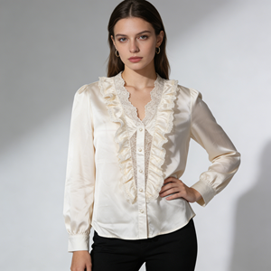 Blusa Elegante con Cuello en V y Volantes de Encaje para Mujer, Manga Larga, Botones de Perla, Estilo Casual para Oficina, Primavera, Verano, Otoño - Product Image 5