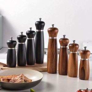 8 Inches Each Acacia Wood Salt <b>Pepper</b> <b>Grinder</b> Set with Wood Stand Hand Operated Adjustable Coarseness Modern Simple Design - Product Image 3