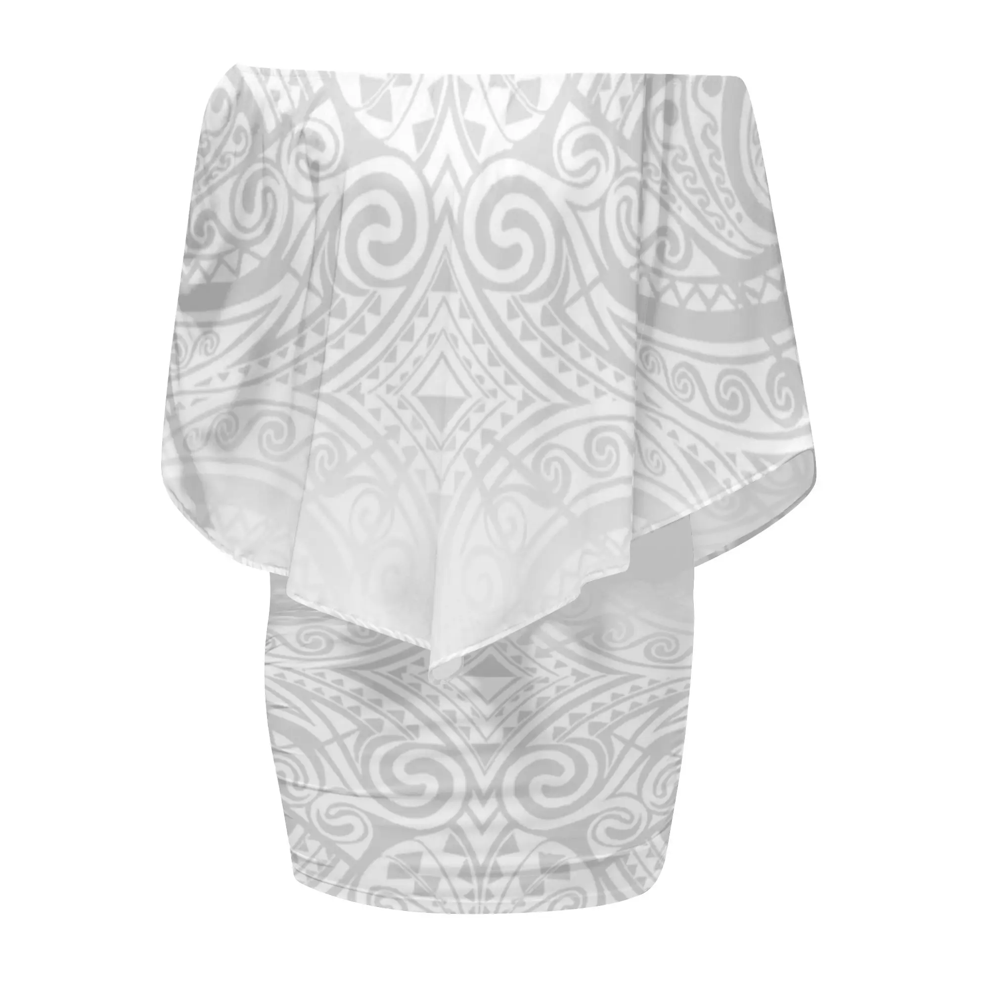 Wholesale Fluffy One Shoulder Elegant White Sunday Dress Polynesian Tonga Ethnic Style Shawl Dress Batwing Sleeve Women Clothing