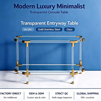 Table console moderne de luxe en acrylique avec plateau en verre trempé et structure en acier inoxydable doré pour entrée, couloir, hall d'hôtel, villa