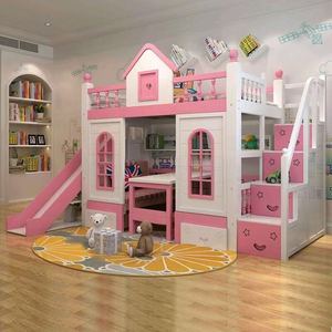 Lit superposé en bois pour enfant, design <span class=keywords><strong>château</strong></span> européen, avec toboggan et escalier, modèle 2026, lit mezzanine - Product Image 1