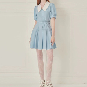 Vestido de Mujer, Corte A, Ajustado, Color Azul Claro, con Mangas Abullonadas, Cuello Peter Pan con Detalles de Encaje y Falda Corta de Estilo Dulce - Product Image 3