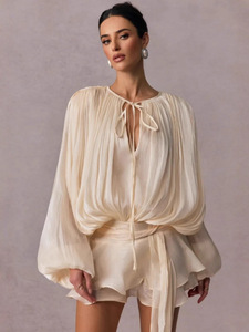 Abito Estivo Personalizzabile in Chiffon <span class=keywords><strong>con</strong></span> Scollo a Goccia, Maniche a Pipistrello, Orlo a Doppio Strato <span class=keywords><strong>con</strong></span> Volant e Dettaglio Plissettato sul Collo - Product Image 5