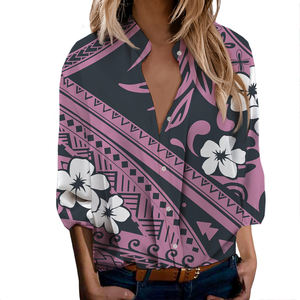 T-shirts décontractés à manches courtes et col en V avec imprimé tribal polynésien Tapa samoan, hauts élégants, chemise à boutons pour femmes - Product Image 4