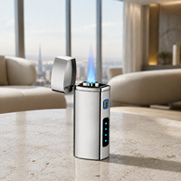 Briquet torche moderne en métal argenté brillant, coupe-vent, rechargeable USB, avec fenêtre de niveau de carburant visible, cadeau pour hommes, vente en gros