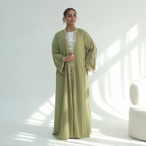 Mexizo Nouvelle Collection 2025 Élégant Cardigan Vert Sauge Brodé Ample Cardigan Bleu Ciel avec Bordure Florale en Dentelle <span class=keywords><strong>Abaya</strong></span> - Product Image 1