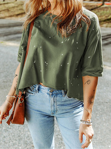 Couleur unie coton femmes demi-manches Western ourlet asymétrique Vintage col rond surmonté trous amples respirant court t-shirt - Product Image 2