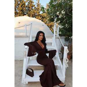 เดรสสีน้ำตาลแขนพอง คอแบบผูก สายคล้องคอ แขนยาว ออกแบบเองได้ สไตล์เรียบง่าย สำหรับใส่ในวันสบายๆ หรืองานเล็กๆ ตกแต่งด้วยระบาย  ไซส์พลัส XS - Product Image 2