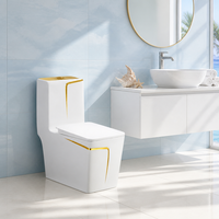 WC monobloc à siphon design simple, WC en céramique à double chasse avec accents dorés audacieux