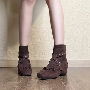Genuine Leather Retro Cross Strap Ankle Boots, Women Square Toe Bow Heel Zip Elevator Slim Short Boots - Product Image 2