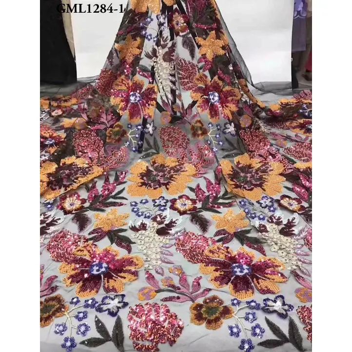 Nova moda elegante renda coreana com lantejoulas, africano, nigeriano, bordado, 3d flores, lantejoulas, renda, rede francesa