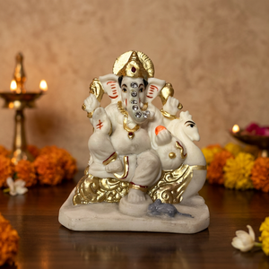 Statue de Ganesh en marbre avec Mushak, 4 pouces, blanc doré, figurine décorative Ganpati Bappa pour temple, Diwali, Pooja, bureau et maison - Product Image 4