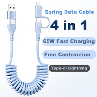 Câbles de données 4 en 1 anti-emmêlement Type C 65W, charge rapide pour téléphone et tablette