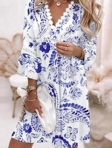 Robe d'été et de printemps pour femmes, col en V, dentelle imprimée, style sexy, vacances de loisirs - Product Image 5