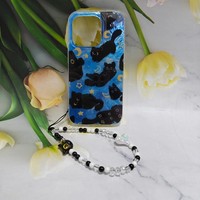 Coque de téléphone pour iPhone 16 15 14 13 12 11 Pro Max avec bracelet, motif chat noir et étoile, dos de lune