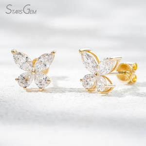 Pendientes de Diamantes de Laboratorio de Oro de 10K, Corte Pera y Marquesa, Diamantes Cultivados en Laboratorio con Certificado IGI, Pendientes de Diamantes de Oro Blanco y Amarillo con Diseño de Flor - Product Image 1