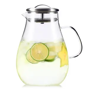 2L Large Easy Clean Juice Glass Jug Beverage Carafe Iced Tea Glass Water Pitcher With Removable Lid And Wide Handle