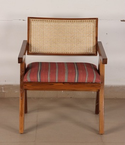 Nordic Style Arm <b>Chair</b> with <b>Cane</b> Woven Backrest and Striped Upholstered Seat Solid Wood Frame for Modern Home Cafe Restaurant - Product Image 1