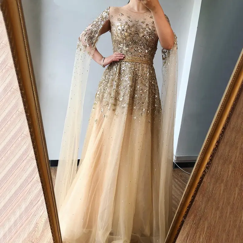 Emas/Perak Dubai Arab Jubah Mewah Lengan Panjang Manik-manik Gaun Formal 2023 untuk Wanita Gaun Malam