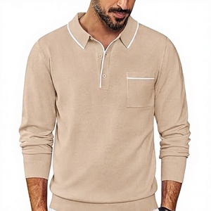 Camisa de Punto de Manga Larga para Hombre con Cuello y Bolsillo, Estampado de Letras, Estilo Casual de Negocios, 100% Poliéster, Color Caqui Claro, Talla XX-Large - Product Image 2