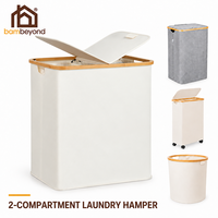 Panier à linge double avec 2 sacs amovibles, 2 sections, poignées en bambou, multifonctionnel, gain de place, rangement de vêtements pour la salle de bain