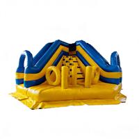 Mur d'escalade gonflable écologique en PVC de la marque DST bleu et jaune, combo d'obstacles interactif pour enfants, château gonflable avec jeu de lancer d'anneaux