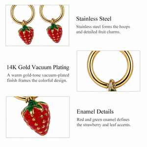 Boucles d'oreilles créoles à breloques fraise en acier inoxydable plaqué or 14K sous vide, avec émail rouge et vert, pendantes en forme de fruit - Product Image 3