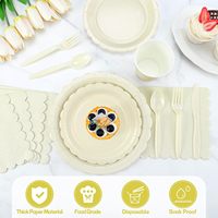 350 pièces de vaisselle jetable en papier ivoire, assiettes à dessert crème de 9 et 7 pouces, tasses de 9 oz, couverts, pour 50 invités, assiettes jetables beige festonnées