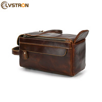 Sac de voyage et trousse de toilette en cuir pour homme, décontracté, avec fermeture éclair et nombreuses poches