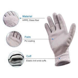 Anti corte Nivel 5 4x43c <span class=keywords><strong>PU</strong></span> recubierto guantes de trabajo HPPE forro guantes de seguridad transpirables - Product Image 3