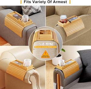 Bandeja Plegable de Bambú para Reposabrazos de Sofá con Portavasos Desmontable - Organizador Universal Antideslizante para Bebidas, Aperitivos y Teléfonos - Product Image 5