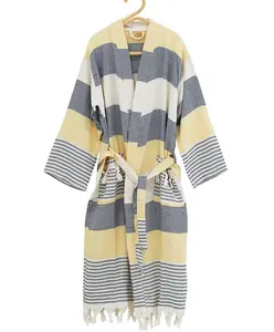 Summer Beach Breathable Quick-dry 100% Cotton Peshtemal Turkish Striped Robes Kimono Blue Bathrobes for Beach Pool Spa Home use